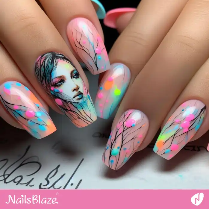 Watercolor Portrait Nails Polka Dots Design | Paint Nail Art - NB2254